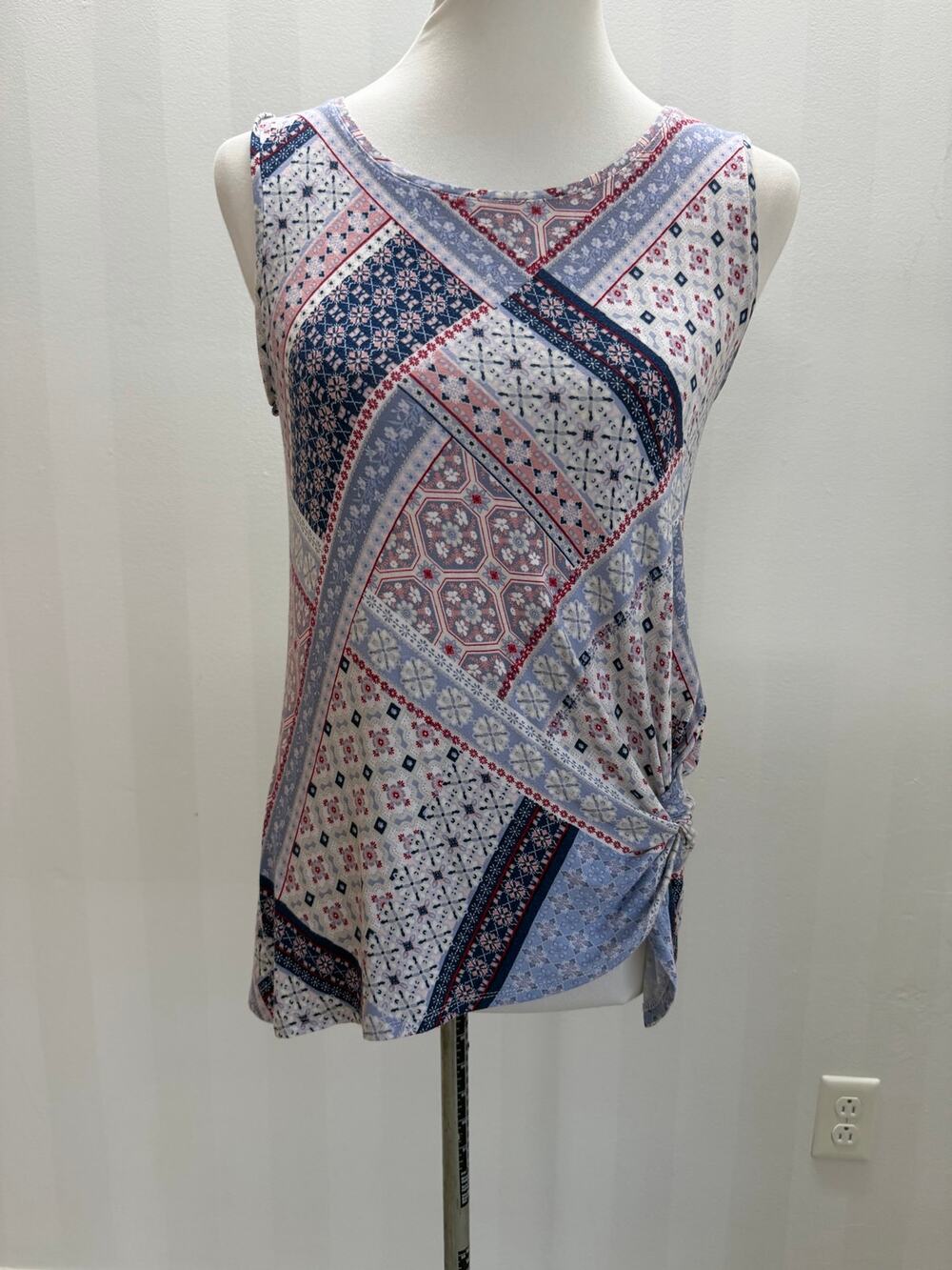Westport Patchwork Print Side-Knot Tank Top Sz M